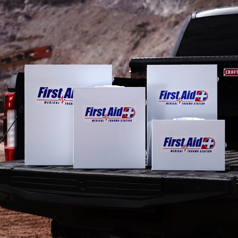 first aid kits in the back of a truck, rapid care first aid